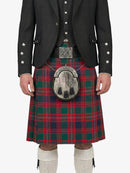 Person wearing a traditional Scottish kilt with a tartan pattern on a white background