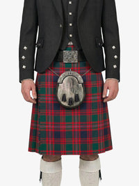Person wearing a traditional Scottish kilt with a tartan pattern on a white background
