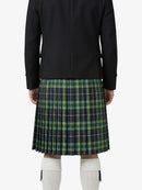 Person wearing a black coat and green plaid kilt on a white background