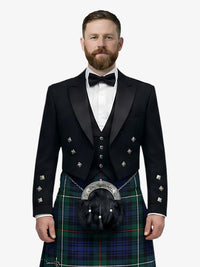 Man wearing a formal prince charlie black suit with a white shirt, bow tie, and a mackenzie tartan kilt on a white background