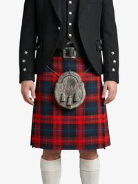 Person wearing a black jacket and red tartan kilt with a sporran on a white background