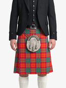 Person wearing a red tartan kilt with a silver sporran on a white background