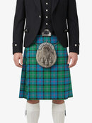 Person wearing a traditional Scottish kilt with a tartan pattern on a white background