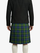 Person wearing a black jacket and green plaid kilt on a white background