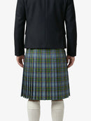 Person wearing a black jacket and plaid kilt on a white background