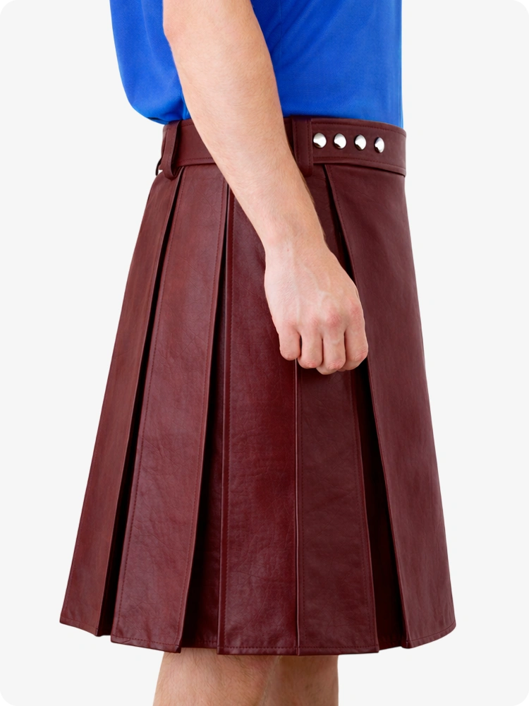 Kastanienroter Utility-Kilt aus echtem Leder mit Nietenbund