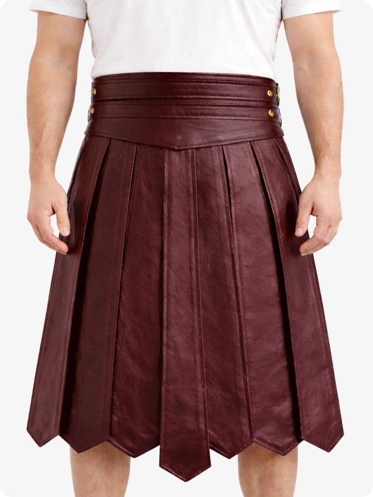 Maroon Leather Highland Kilt Adjustable Buckle Waist & Classic Pleats
