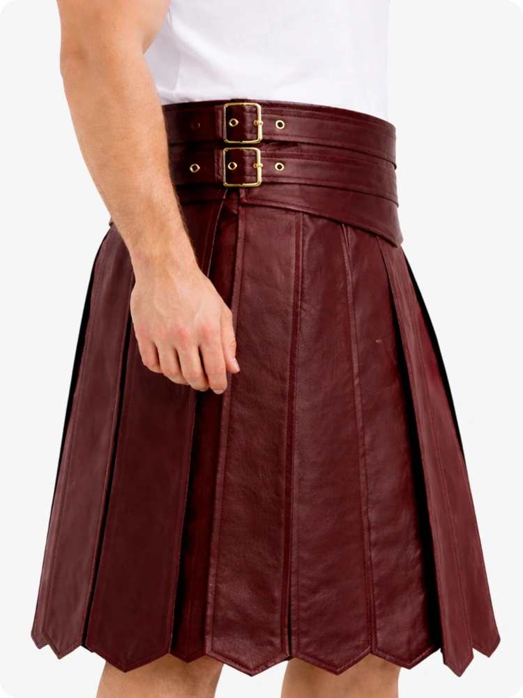 Maroon Leather Highland Kilt Adjustable Buckle Waist & Classic Pleats