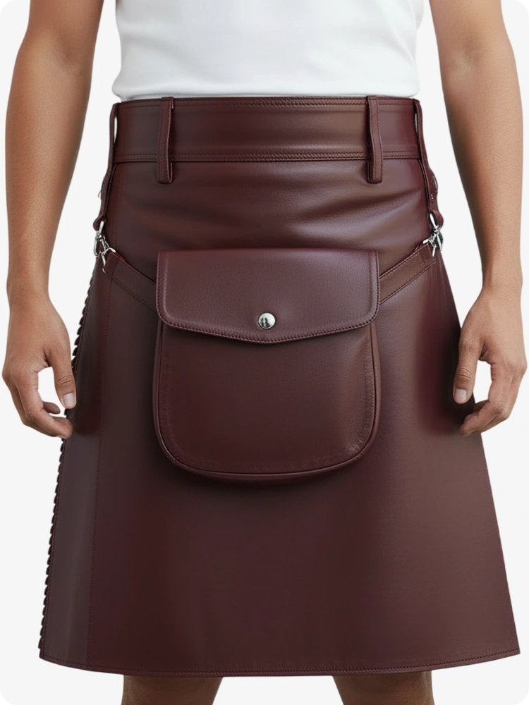 Maroon Leder Faltenkilt mit Gürtelschlaufen & Seitenriemen