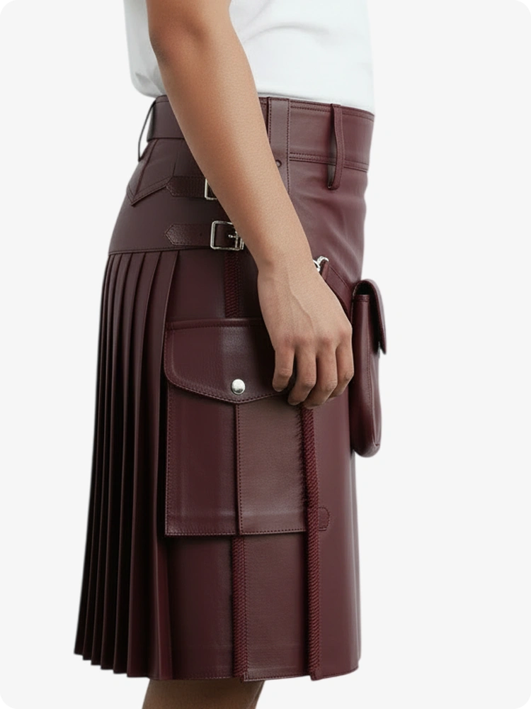 Maroon Leder Faltenkilt mit Gürtelschlaufen & Seitenriemen