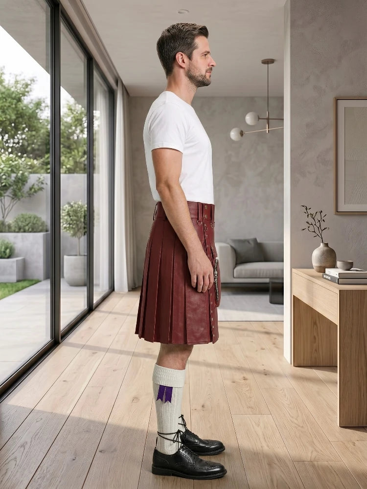 Maroon Leather Utility Kilt Right Side