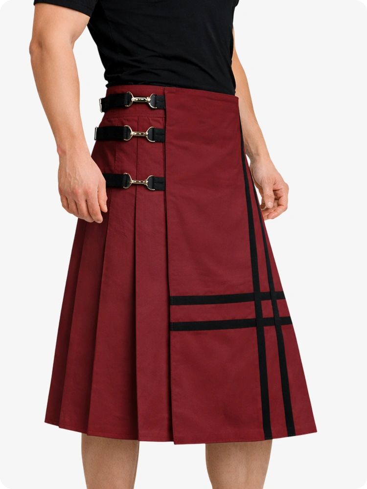 Maroon skirt with black accents and buckles on a white background