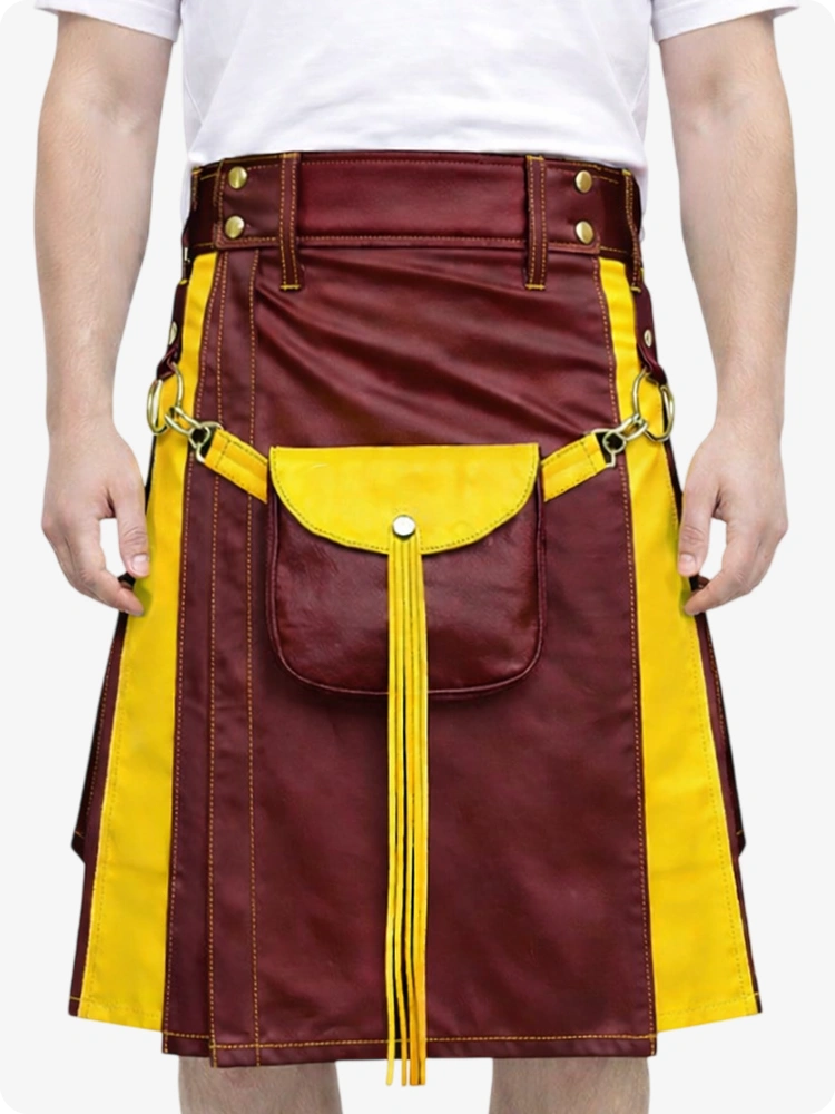 Kastanienroter Leder Utility Kilt mit gelben Akzenten & abnehmbaren Taschen