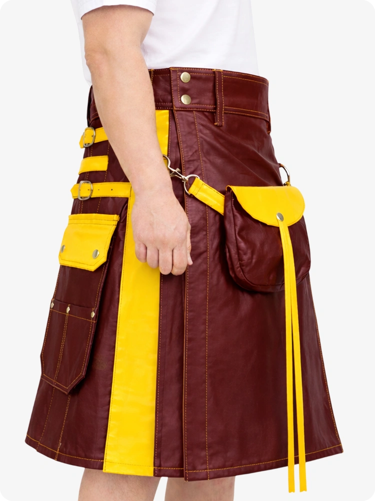 Kastanienroter Leder Utility Kilt mit gelben Akzenten & abnehmbaren Taschen