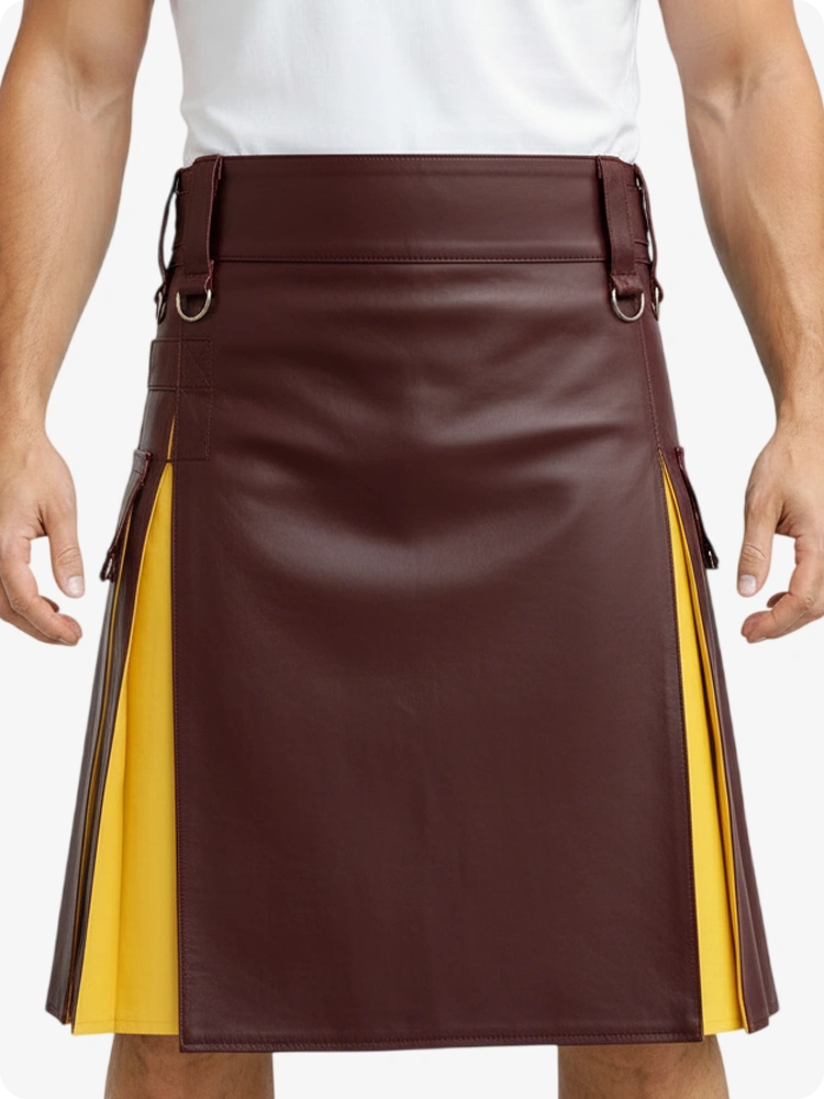 Kastanienrot & Gelb Leder Utility Kilt mit Cargotaschen