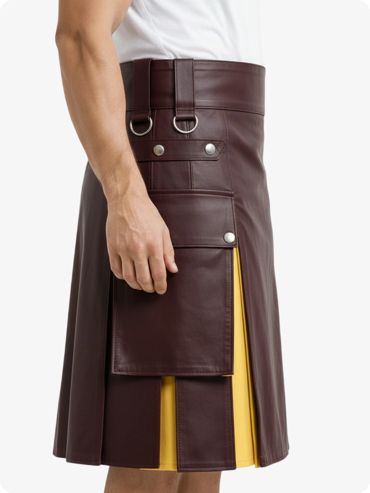 Kastanienrot & Gelb Leder Utility Kilt mit Cargotaschen