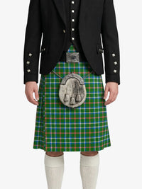 Person wearing a green plaid kilt with a black jacket on a white background