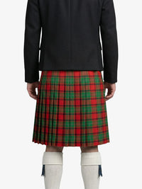 Person wearing a black jacket and red plaid kilt on a white background