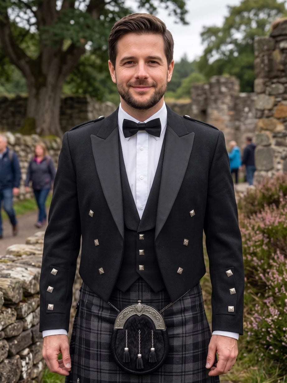 Schwarze Prince Charlie Kilt Jackett mit Satinrevers und Silbernen Quadratischen Knöpfen
