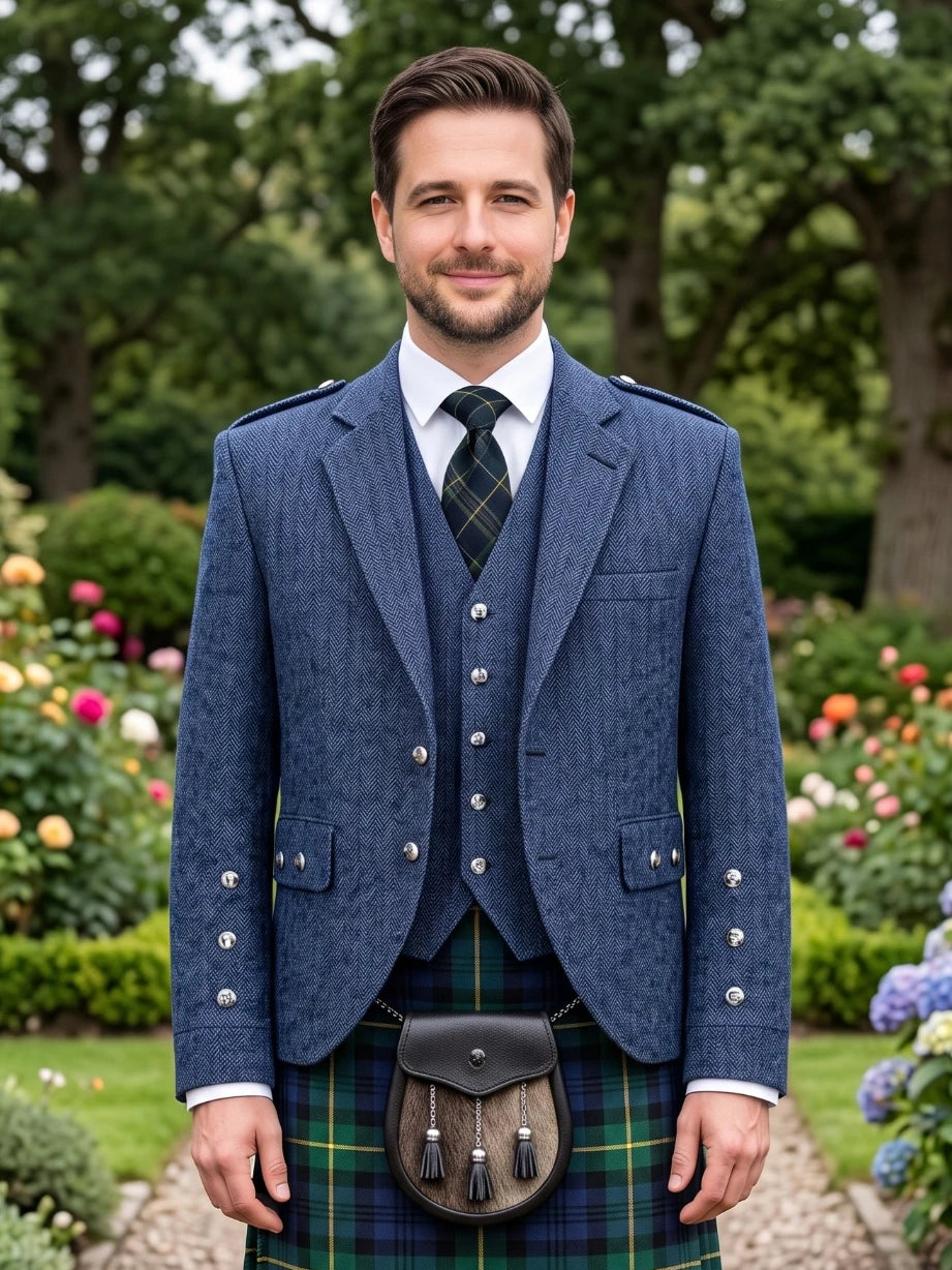 Blauer Tweed Argyle Kilt Jacke mit Weste