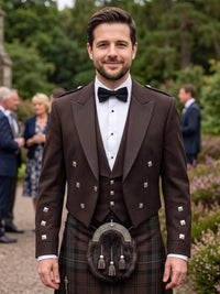 A man wearing a traditional Scottish formal outfit, featuring a dark brown double-breasted jacket with silver buttons, a white pinstripe shirt, a black bow tie, and a brown tartan kilt with a black fur sporran and silver kilt pin, standing outdoors in a garden setting.