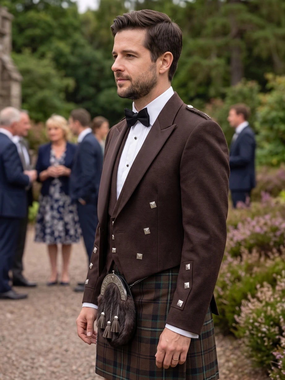 A man wearing a traditional Scottish formal outfit, featuring a dark brown double-breasted jacket with silver buttons, a white dress shirt, a black bow tie, and a tartan kilt with a sporran, standing in a garden setting with blurred guests in the background.