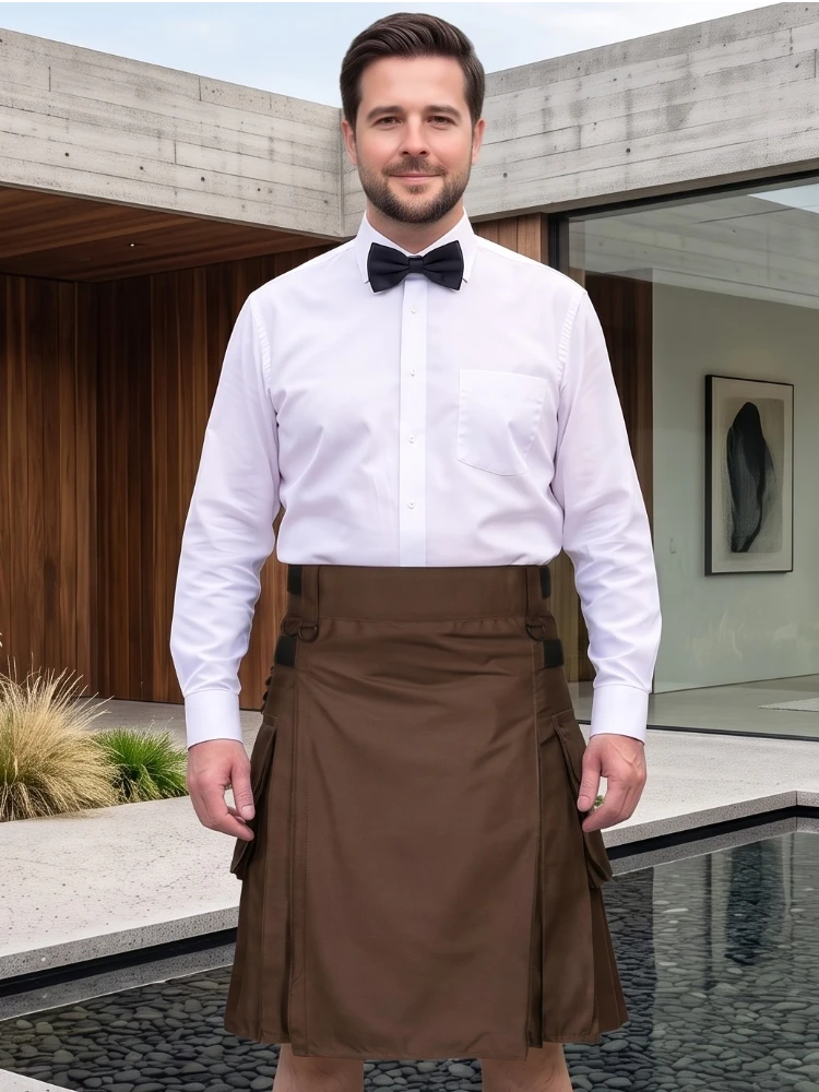 Schokoladenbrauner Utility Kilt mit Lederriemen