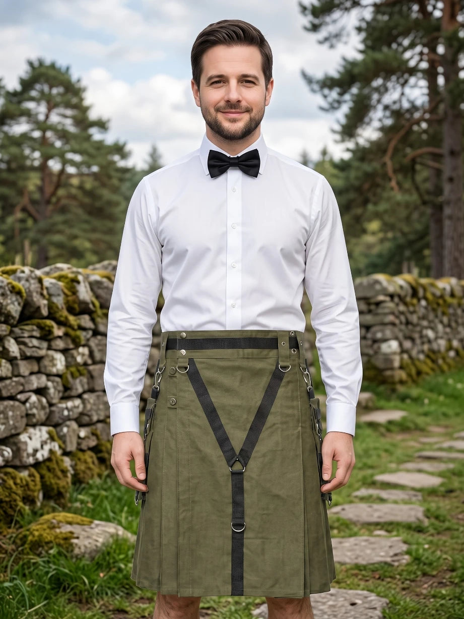 Maßgefertigter Baumwoll-Utility-Kilt Olivgrün