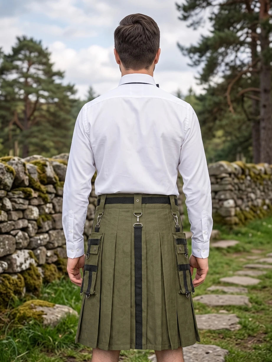 Maßgefertigter Baumwoll-Utility-Kilt Olivgrün
