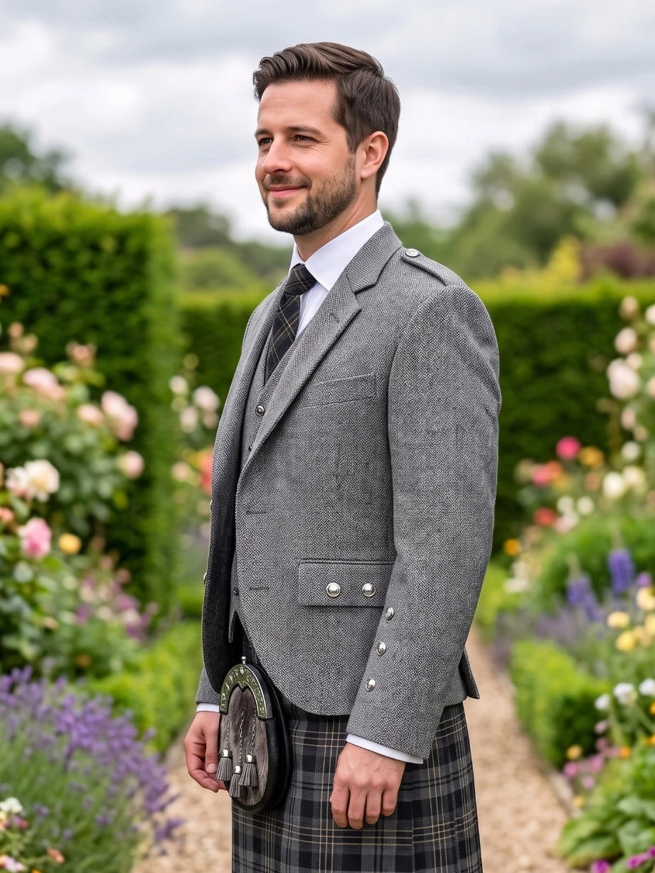 A man wearing a gray tweed blazer, white dress shirt, dark tie, and a black-and-gray plaid kilt with a sporran, standing in a lush garden pathway.