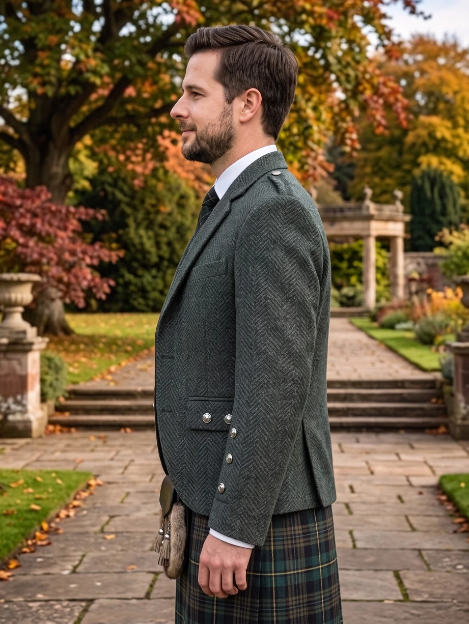 A man in profile wearing a dark green herringbone tweed blazer, a tartan kilt, and a sporran, standing outdoors on a stone path in a garden with autumn foliage.