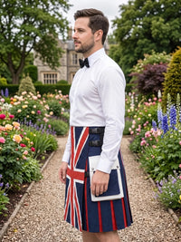 A man standing in a gravel garden path wearing a white dress shirt, black bow tie, and a Union Jack kilt with red and white stripes, holding a white tablet.