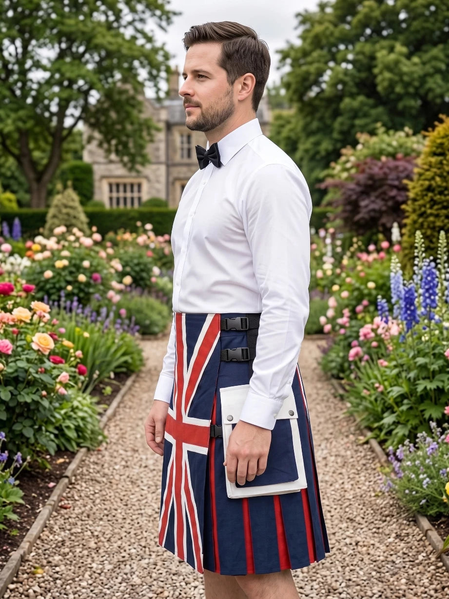 A man standing in a gravel garden path wearing a white dress shirt, black bow tie, and a Union Jack kilt with red and white stripes, holding a white tablet.