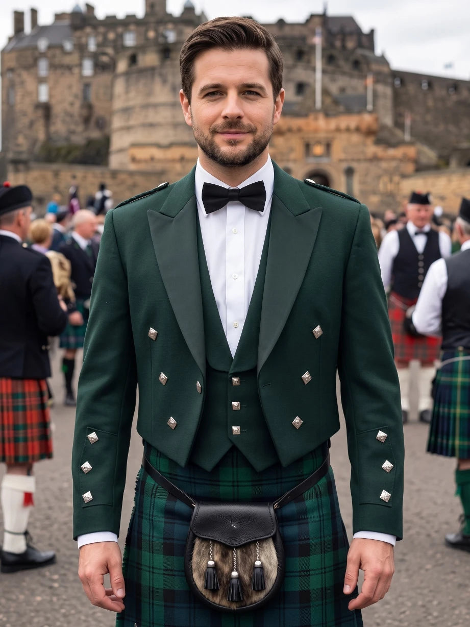 Waldgrüne Prince Charlie Kilt-Jacke mit Satin-Revers & Silbernen Quadratischen Knöpfen