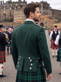 A man wearing a dark green Scottish kilt jacket and a green tartan kilt, photographed from behind in an outdoor setting with Edinburgh Castle in the background.