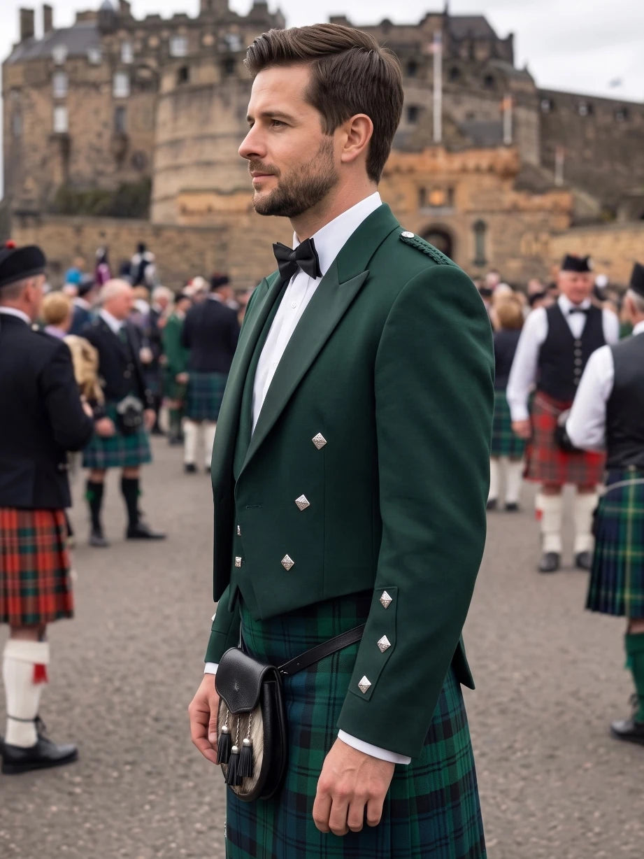 A man in a traditional Scottish kilt outfit stands outdoors in front of a stone castle. He is wearing a dark green jacket with silver buttons, a white shirt, a black bow tie, and a green tartan kilt, holding a black sporran bag.