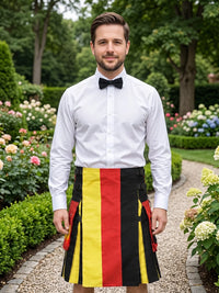 A man standing in a garden wearing a white dress shirt, black bow tie, and a pleated kilt with vertical black, red, and yellow stripes resembling the German flag.