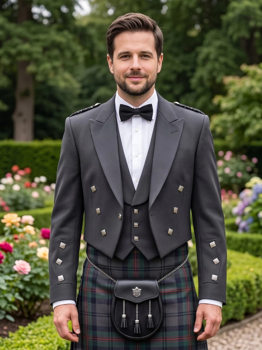 Graue Prince Charlie Kilt-Jacke mit Satin-Revers & Silbernen Quadratischen Knöpfen