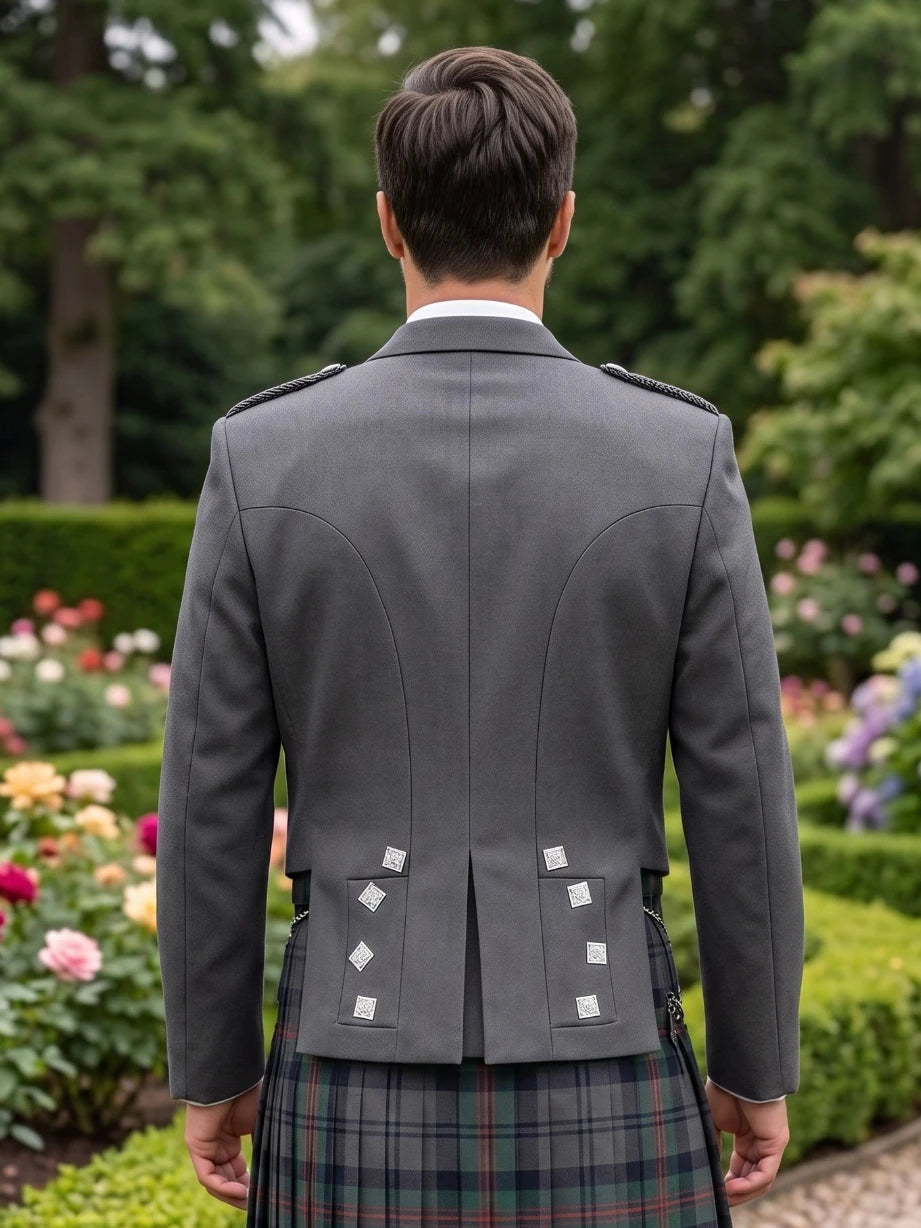 Graue Prince Charlie Kilt-Jacke mit Satin-Revers & Silbernen Quadratischen Knöpfen