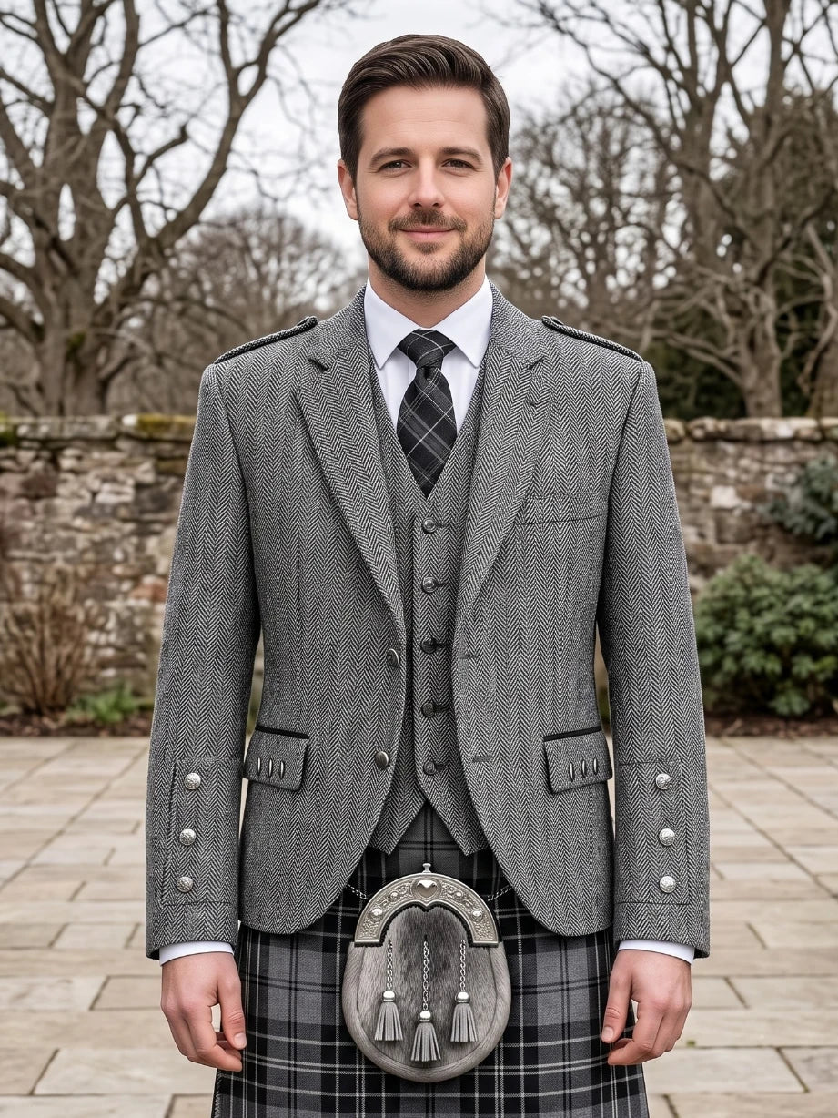 Graue Tweed Argyle Kilt-Jacke mit Weste
