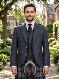 A man wearing a formal dark gray three-piece suit with a matching kilt and sporran, standing outdoors in a garden courtyard with stone buildings in the background.