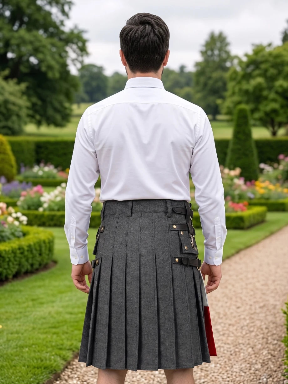 Maßgeschneiderter italienischer Flaggen-Schwarz-Denim-Kilt mit Lederriemen