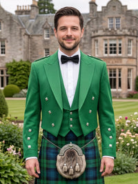 A man wearing a formal Scottish outfit with a bright green jacket, white shirt, black bow tie, and a green plaid kilt with a sporran, standing in front of a large stone mansion.