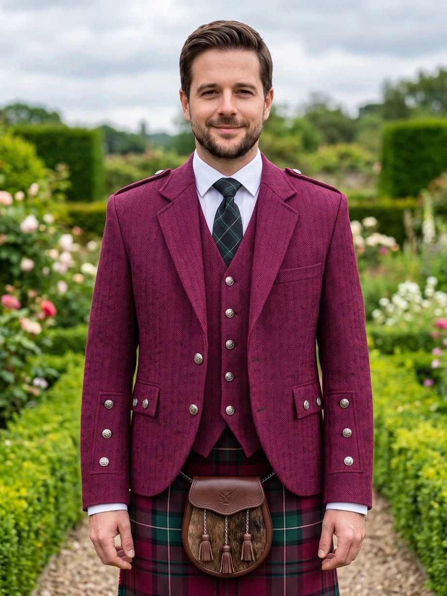 Magenta Tweed Argyle Kilt Jacke mit Weste