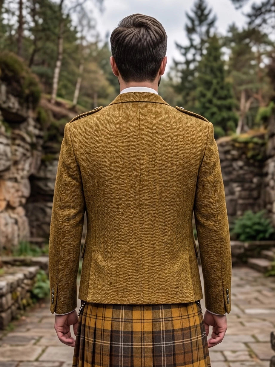 Senfgelbe Tweed Argyle Kilt-Jacke mit Weste