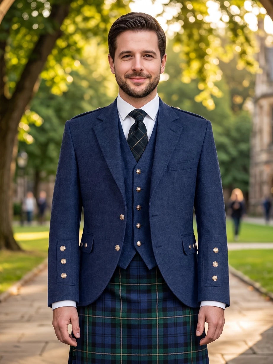 Marineblaue Woll Argyle Kilt-Jacke mit Weste