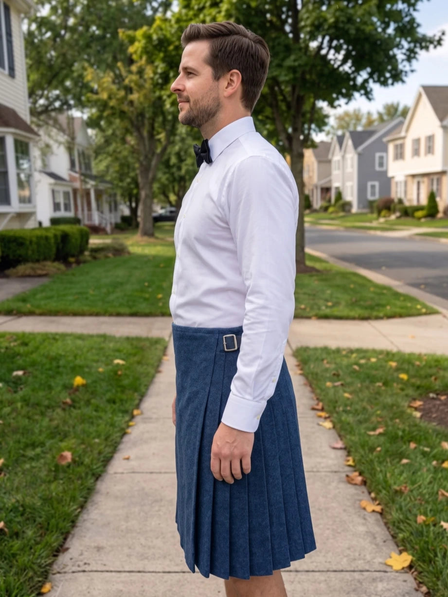 A man standing on a suburban sidewalk wearing a white dress shirt, black bow tie, and a blue pleated kilt with a small silver buckle.