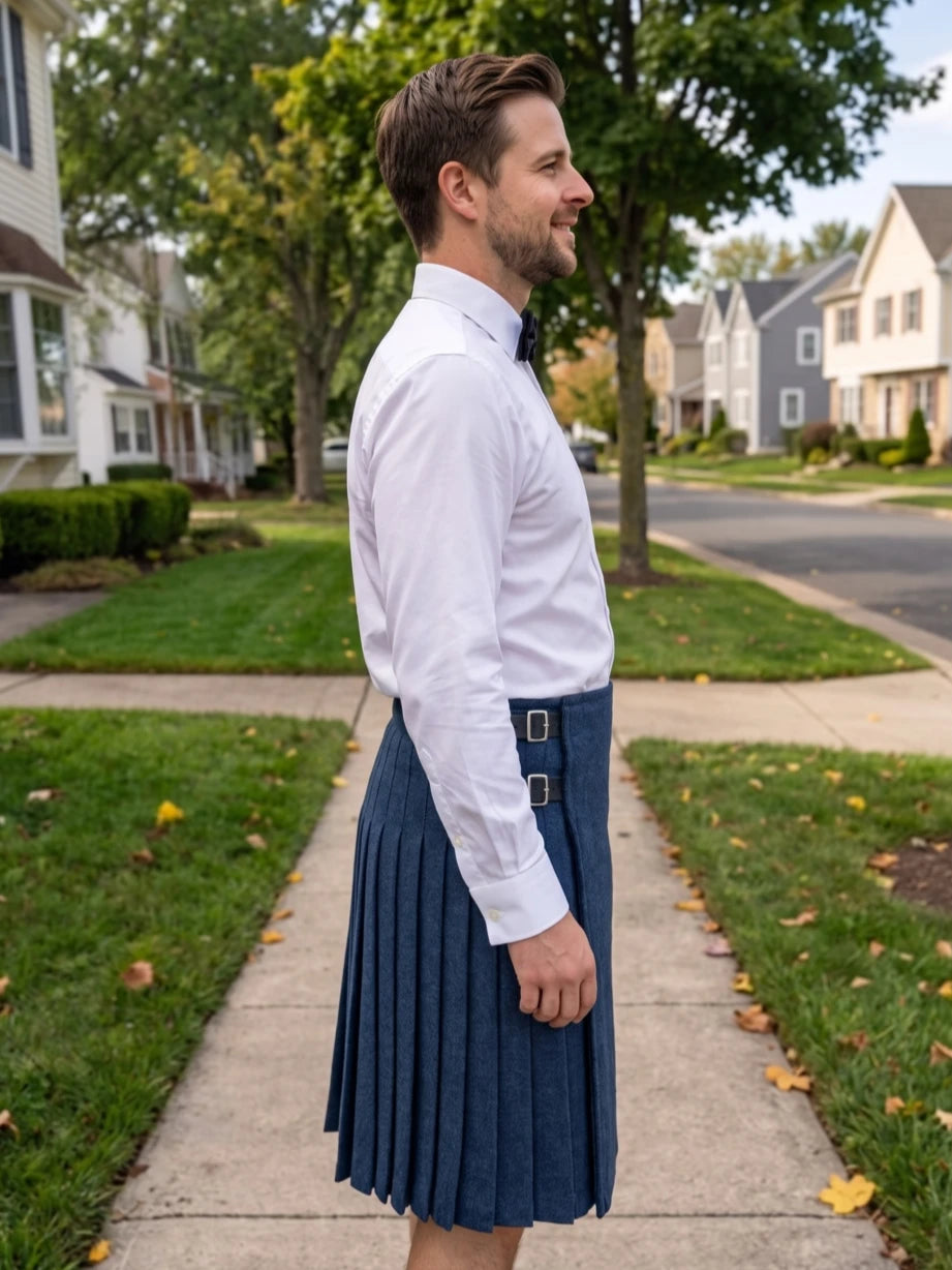 A man wearing a blue pleated kilt with a matching belt and buckle, styled with a white dress shirt and dark tie, standing on a suburban sidewalk.