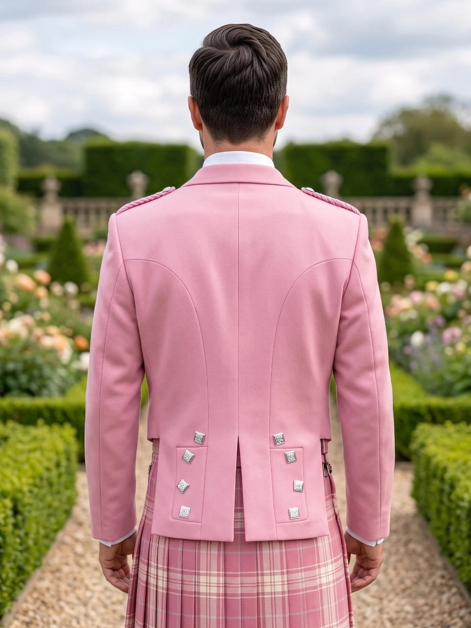 Rosa Prince Charlie Kilt Jackett mit Satinrevers und Silbernen Quadratischen Knöpfen
