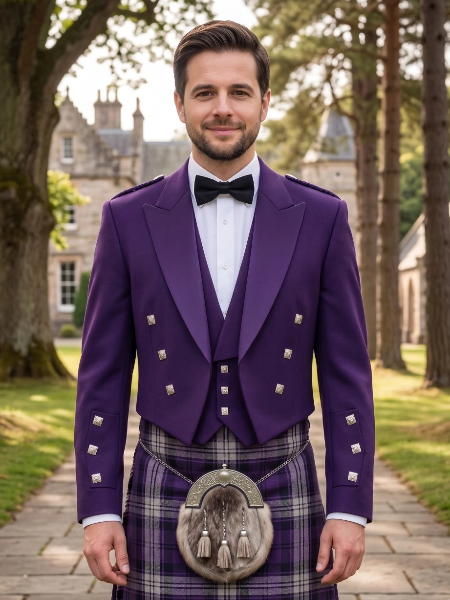 Lila Prince Charlie Kilt Jacke mit Satinrevers & Silbernen Quadratischen Knöpfen